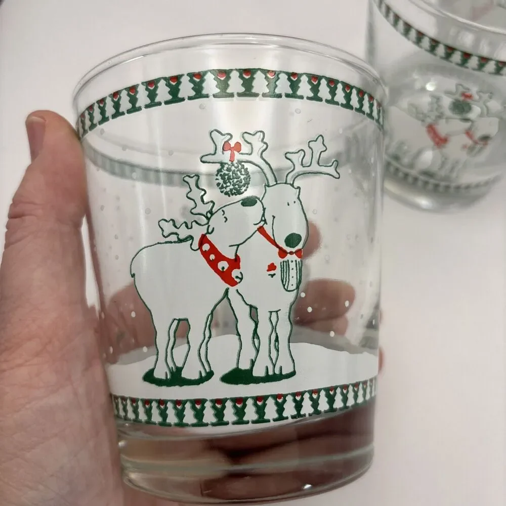 Vtg Christmas Anchor Hocking Kissing REINDEER Glasses Barware Tumbler Cathy Heck